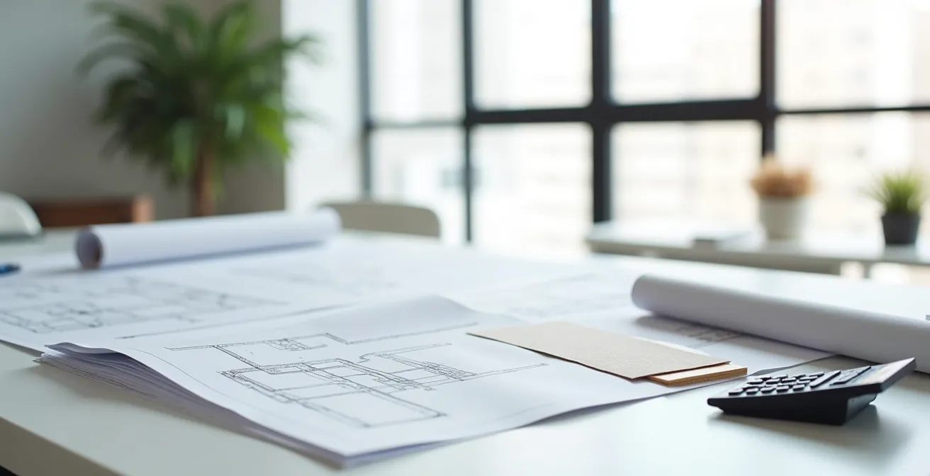 Wide shot of modern office space with architectural plans and roofing samples