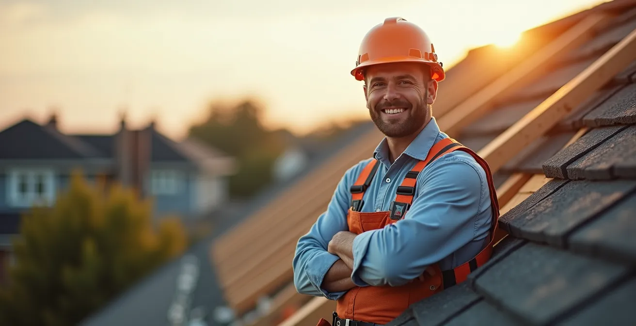 Portrait of experienced roofing contractor with safety equipment at job site