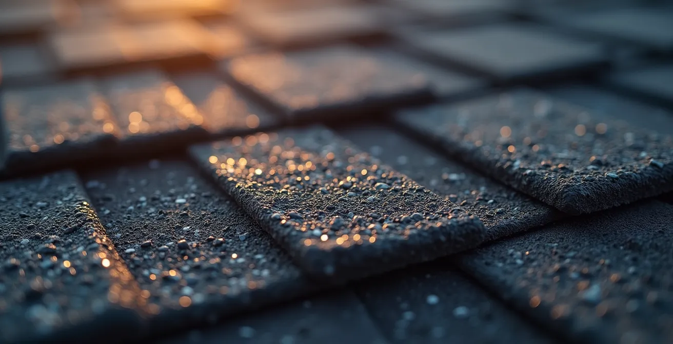 Close-up macro shot of roofing material texture with dramatic lighting