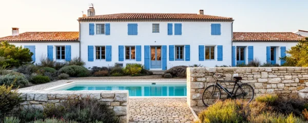 Luxury whitewashed villa with blue shutters and private pool on Île de Ré