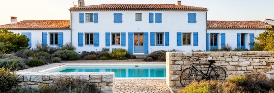 Luxury whitewashed villa with blue shutters and private pool on Île de Ré