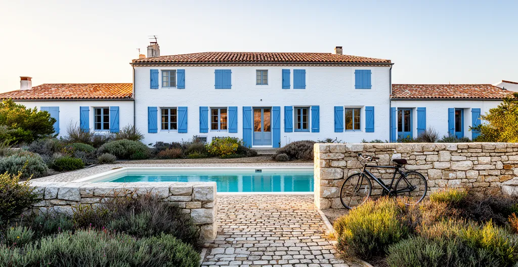Luxury whitewashed villa with blue shutters and private pool on Île de Ré