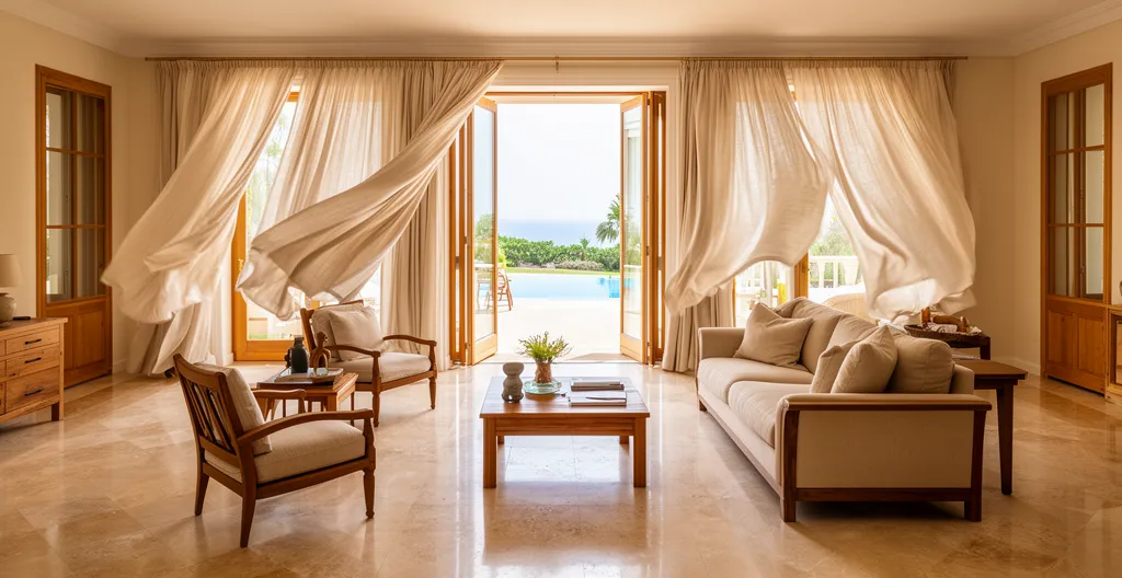 Elegant villa living space with linen curtains and view to terrace