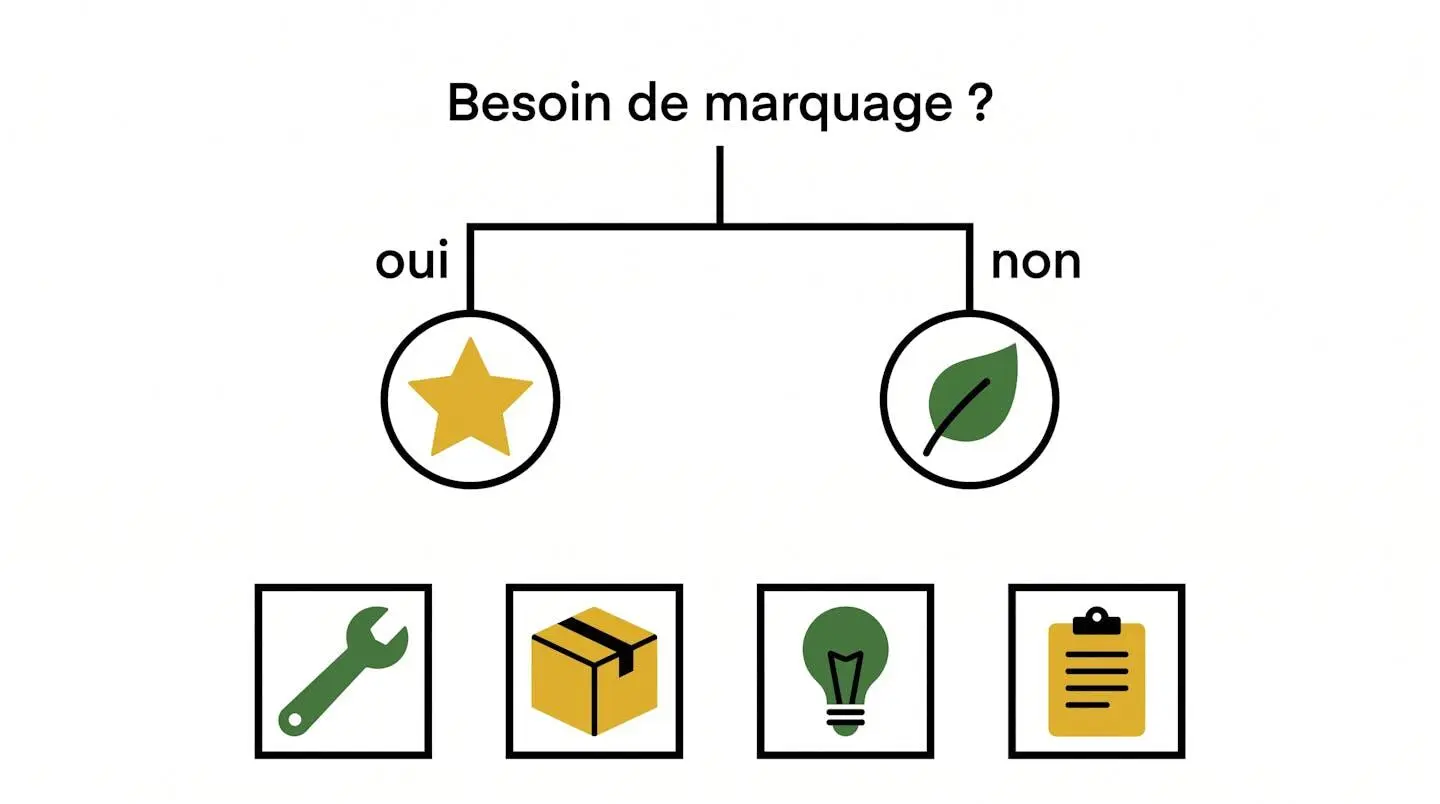 Arbre décisionnel en design plat aidant à choisir un polysaccharide modifié selon le besoin de marquage ou de biodégradabilité.