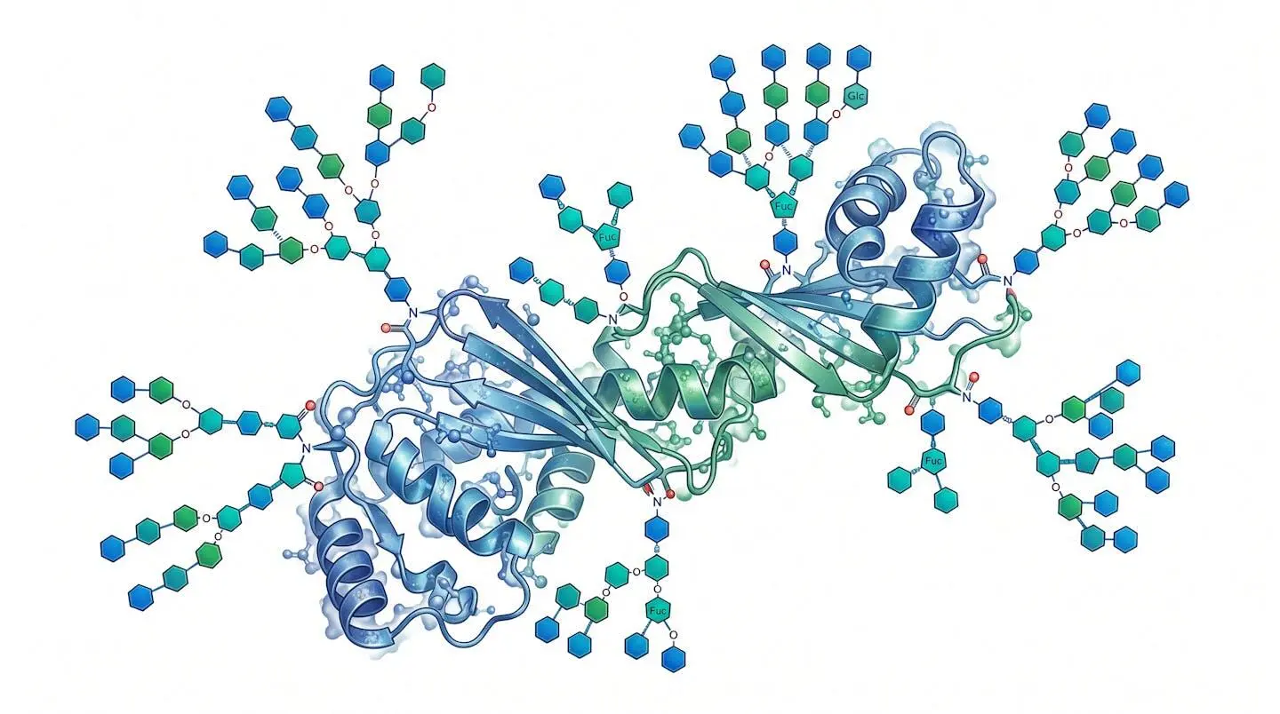 Schematic representation of a glycan chain composed of monosaccharide units attached to a protein backbone, illustrating N-linked and O-linked glycosylation sites