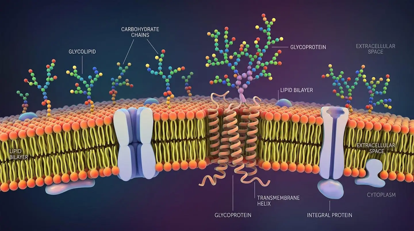 Cross-section illustration of a cell membrane bilayer showing glycolipids and glycoproteins embedded in the phospholipid layer with extracellular sugar chains projecting outward