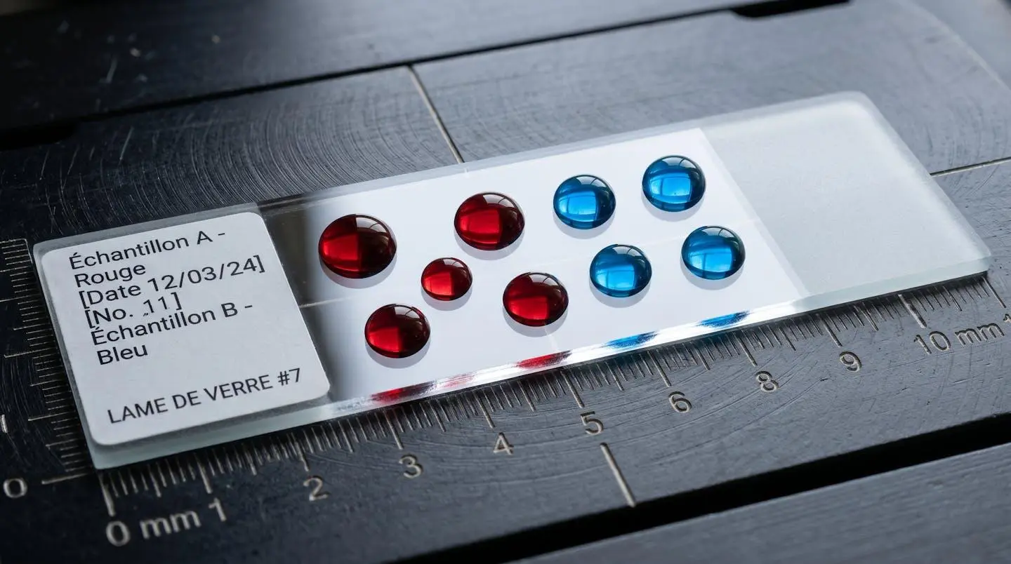 Gros plan sur des gouttes de liquide coloré sur une plaque de verre éclairée par une lumière rasante, évoquant la spécificité des interactions moléculaires.