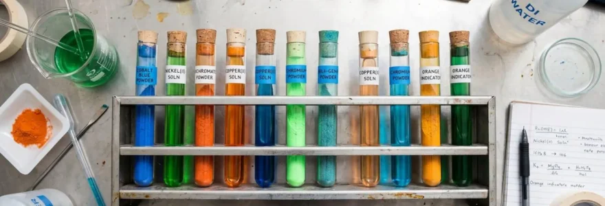 Illustration isométrique de laboratoire montrant des éprouvettes avec des structures hélicoïdales colorées représentant différents polysaccharides.