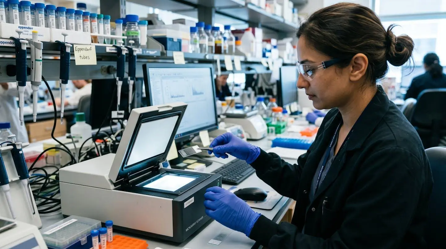 Researcher examining a lectin microarray slide under a fluorescence scanner in a glycomics laboratory setting