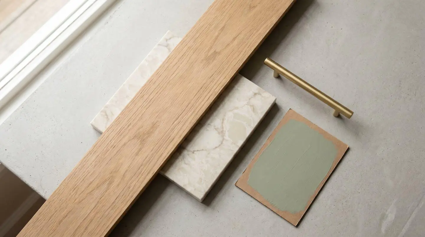 Close-up of kitchen material samples including warm oak veneer, veined quartz slab and matte brass hardware