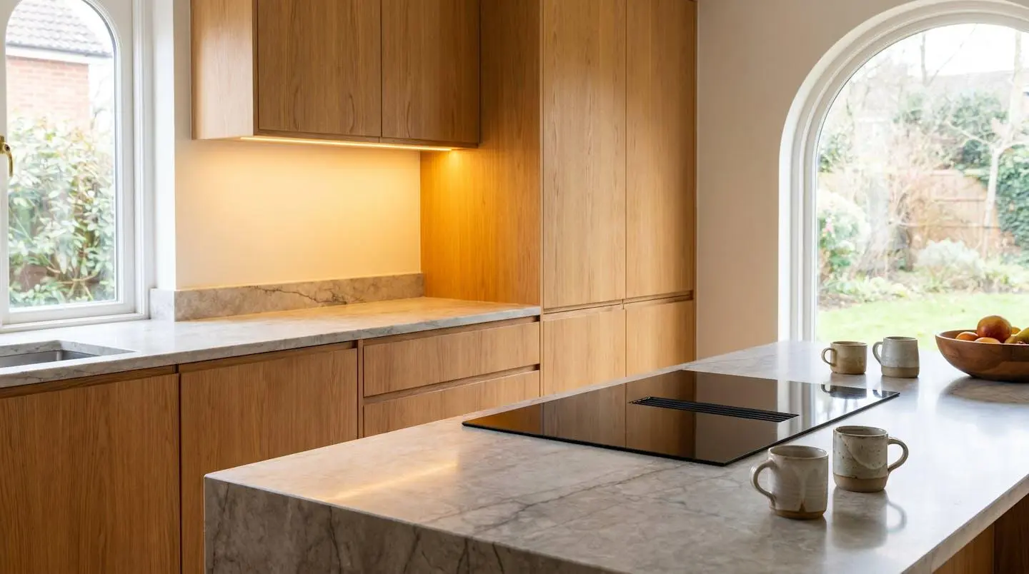 Kitchen interior with LED under-cabinet lighting, certified wood cabinetry and integrated induction cooktop