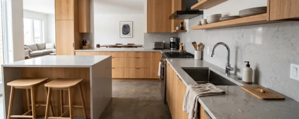 Modern Canadian kitchen renovation featuring warm wood tones, quartz countertops and open layout