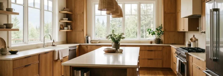 Modern Canadian kitchen renovation featuring warm wood tones, quartz countertops and open layout