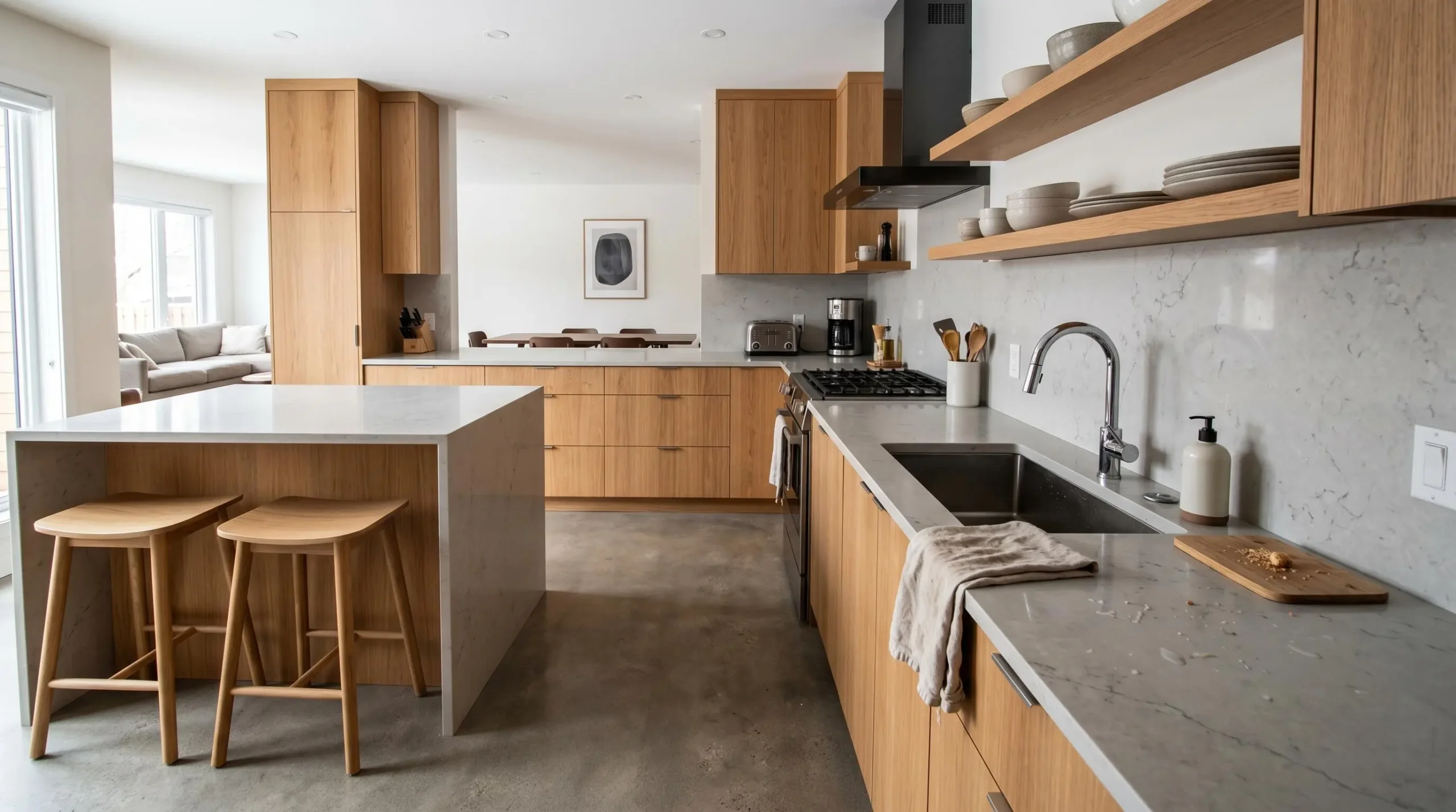 Modern Canadian kitchen renovation featuring warm wood tones, quartz countertops and open layout