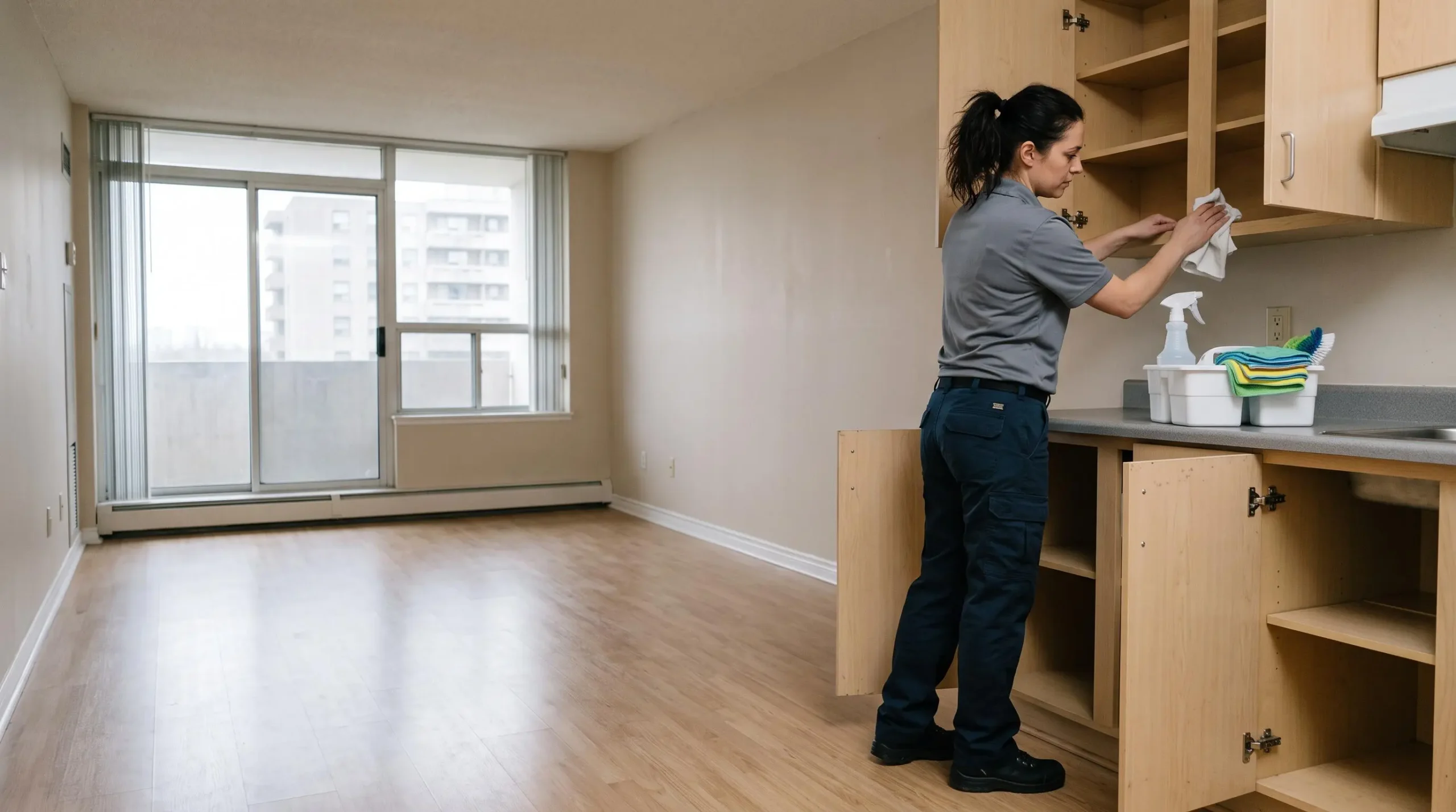 A professional cleaner wipes the inside of an empty kitchen cabinet in a vacated Mississauga apartment.