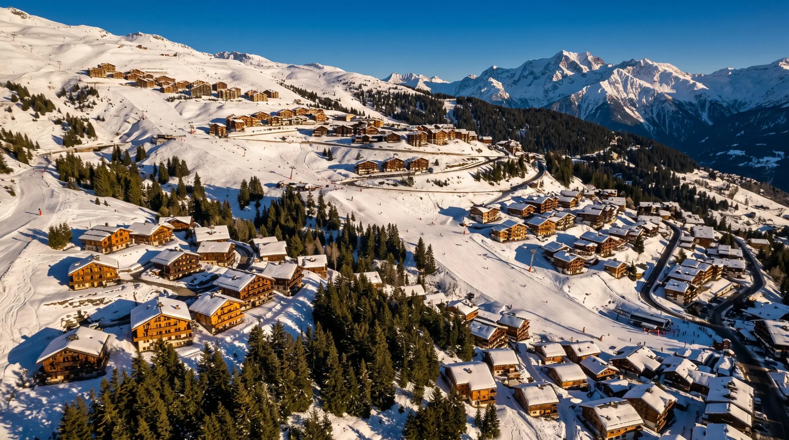 Wide view of Courchevel 1850 ski resort showing distinct neighbourhoods spread across the snowy mountainside with varying chalet densities and ski slope proximity