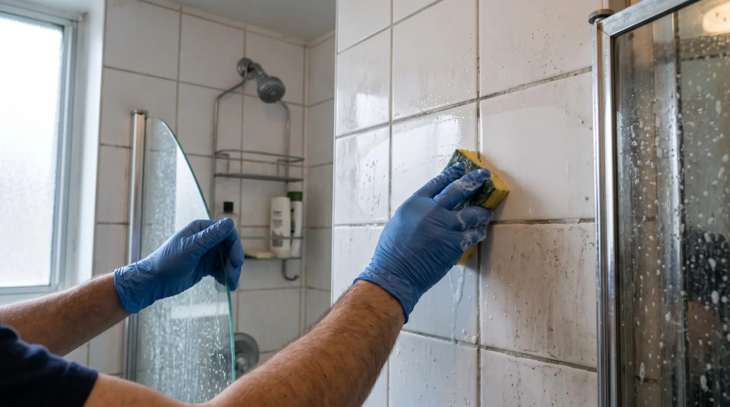 Des mains gantées détartrent le carrelage et la porte de douche d'une salle de bain lors d'un nettoyage de fin de bail.