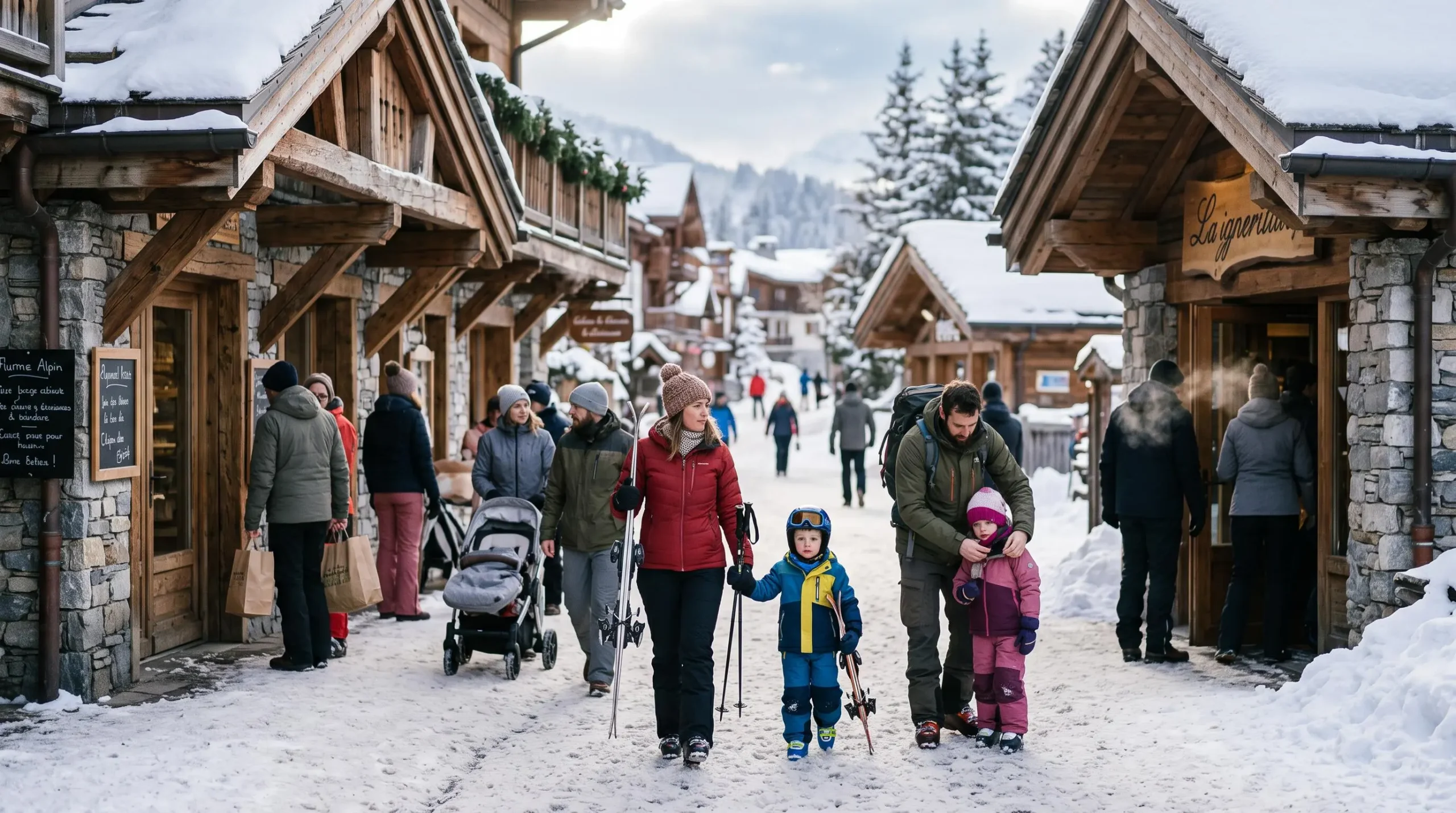 Families and skiers walking through the pedestrian village centre of Jardin Alpin in Courchevel 1850 with shops and chalets lining the snowy street
