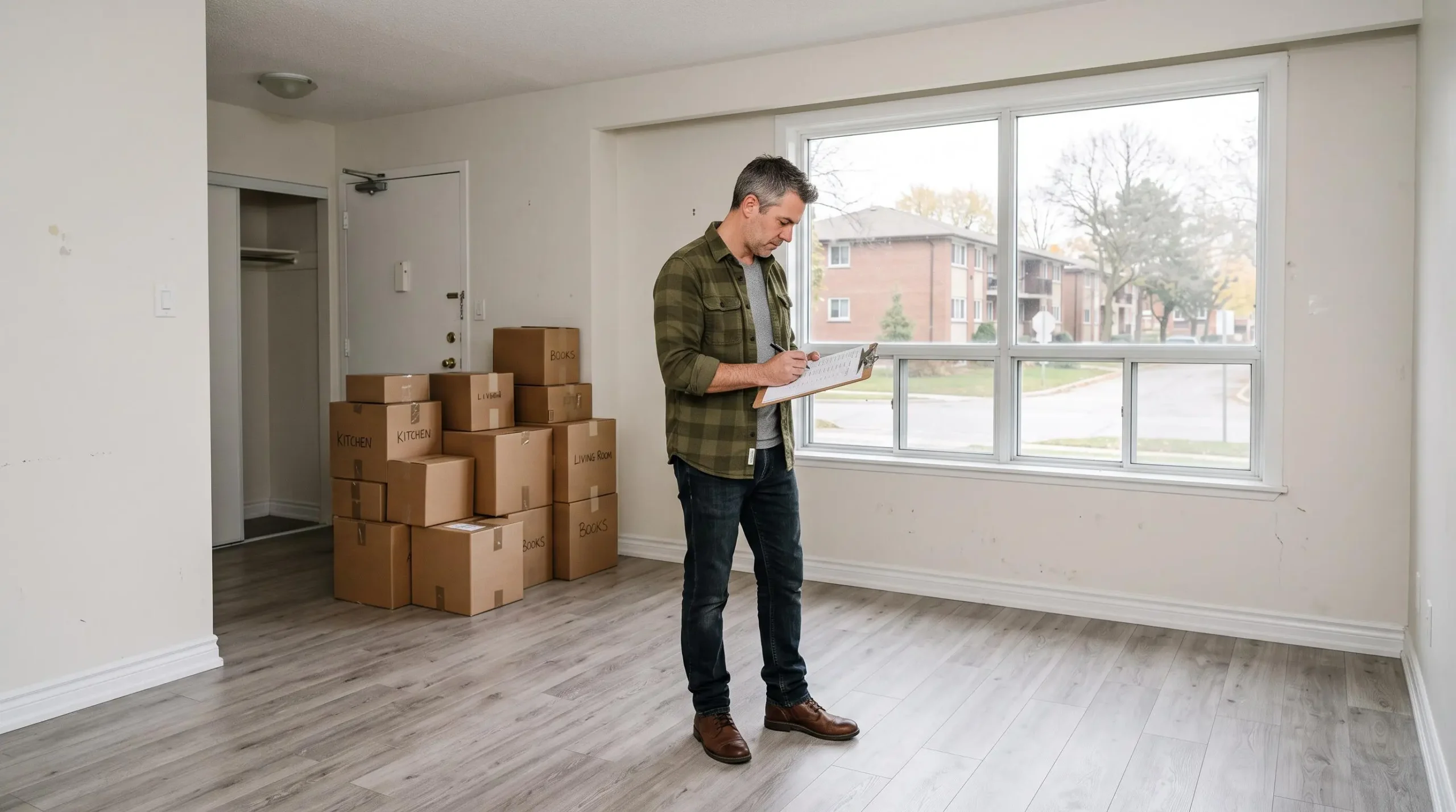 Un locataire vérifie son appartement vide avec une liste à la main avant de rendre les clés lors de l'état des lieux.