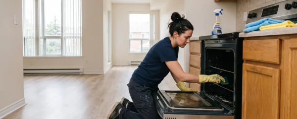 Une femme en gants nettoie l'intérieur d'un four dans un appartement vide pendant un nettoyage de fin de bail.