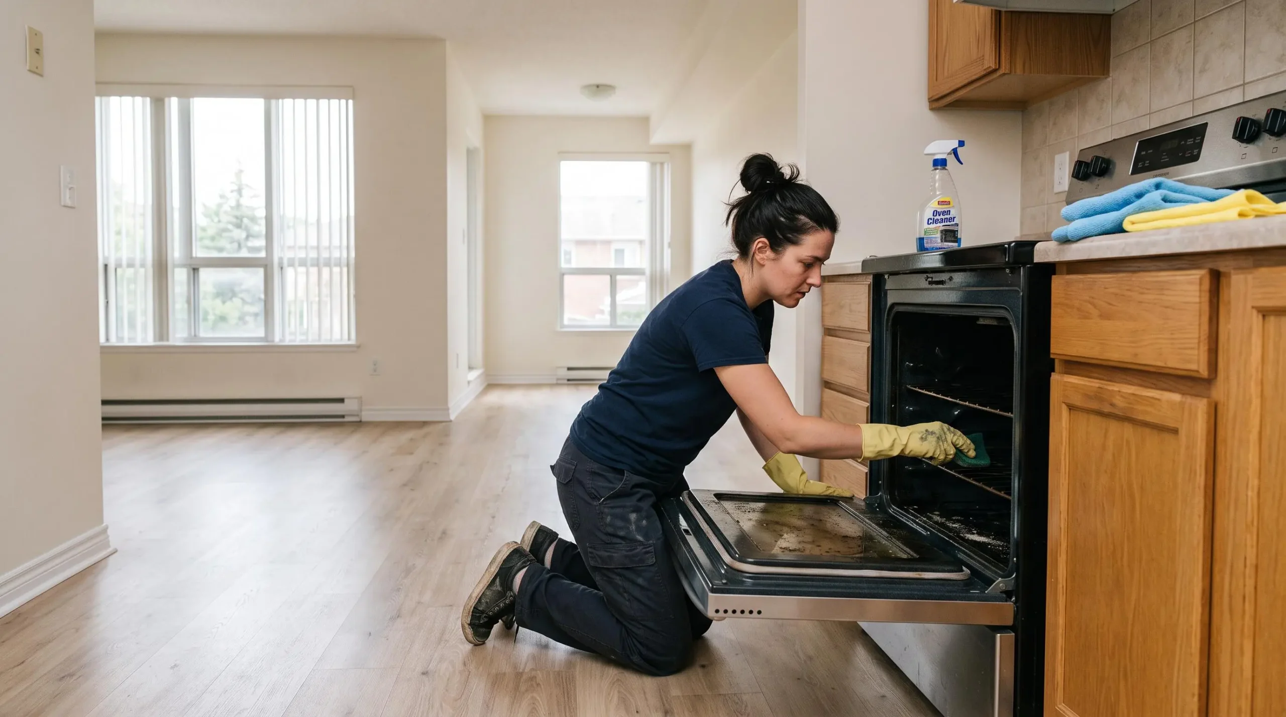 Une femme en gants nettoie l'intérieur d'un four dans un appartement vide pendant un nettoyage de fin de bail.