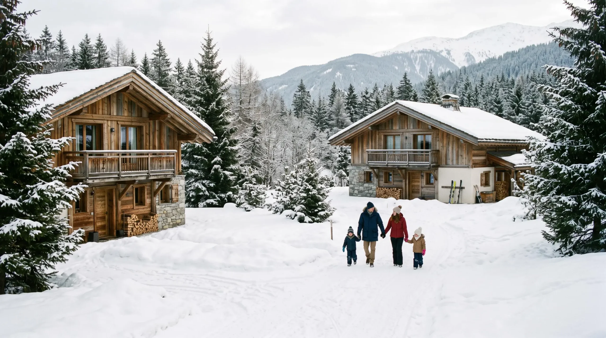 Spacious residential area in Courchevel 1850 with well-separated chalets and family walking on snow path through quiet neighbourhood surrounded by forest