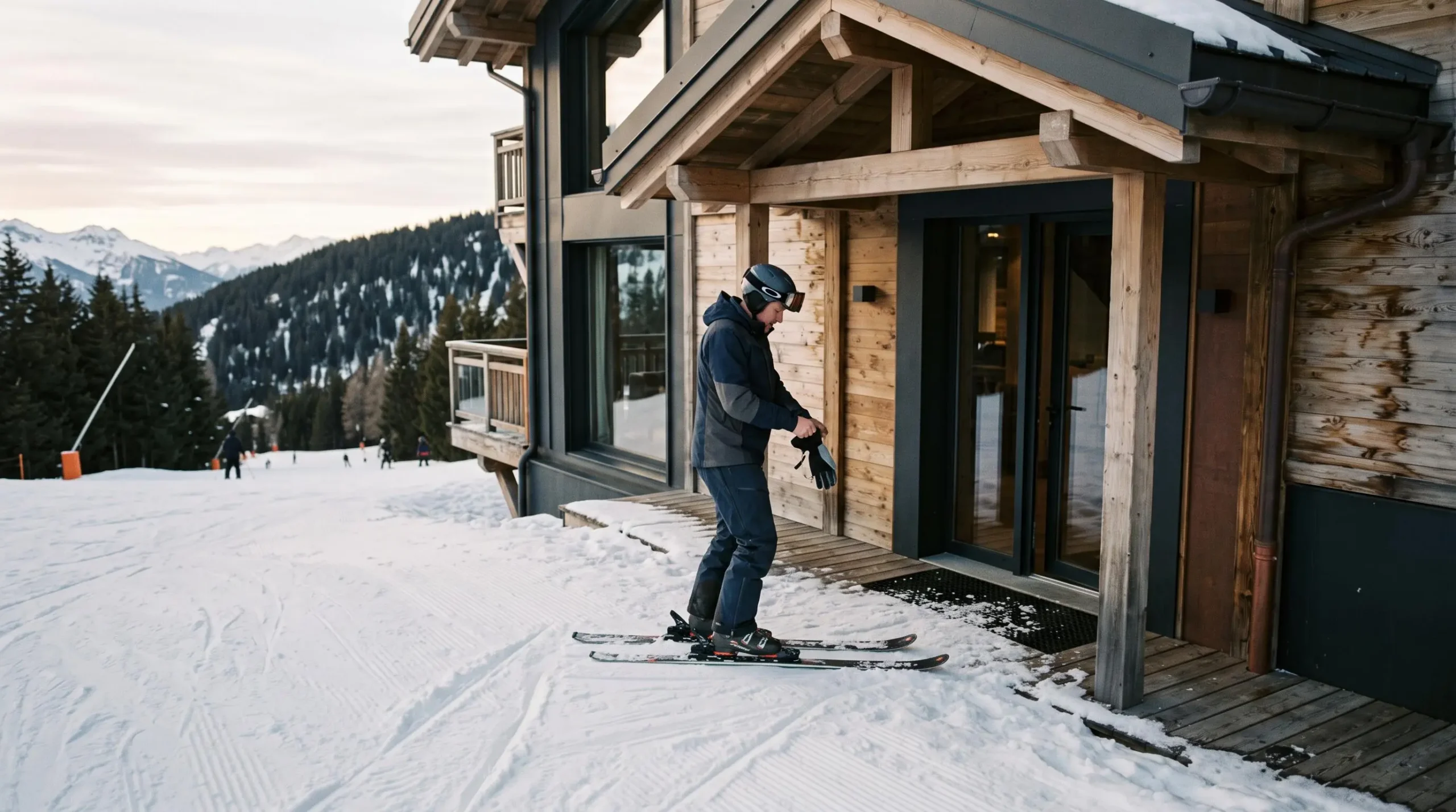 Skier on skis standing at chalet entrance in Courchevel 1850 having arrived directly from adjacent ski slope demonstrating true ski-in ski-out access